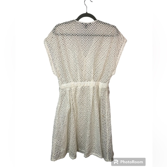 Banana Republic Women’s Dress Eyelet Belt V Neck Cream Lacey Full Skirt - Picture 2 of 9